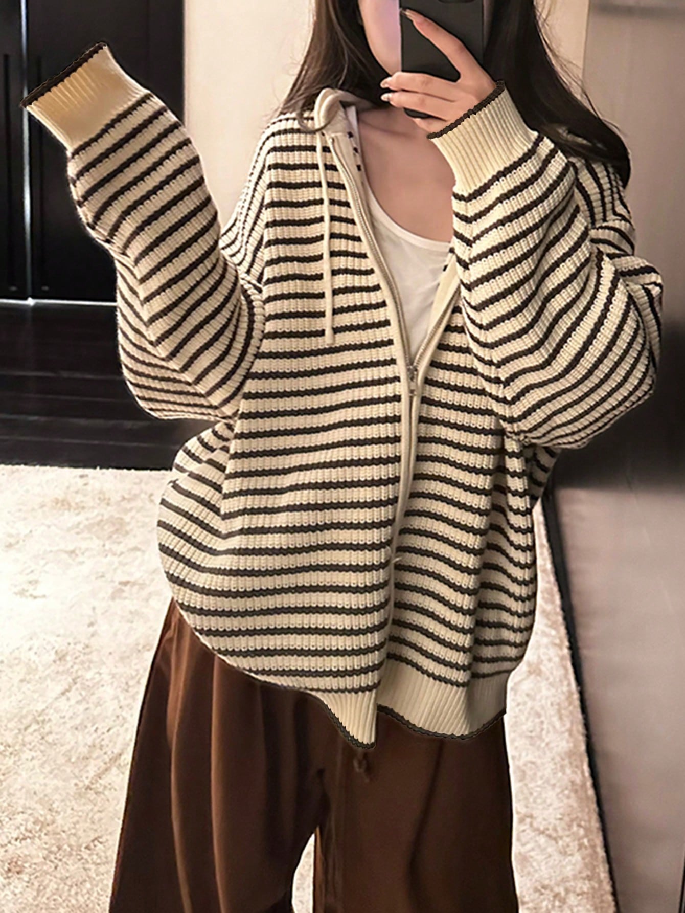 Women's Autumn/Winter Classic Striped Design Hooded Cardigan Sweater, Casual & Minimalist
