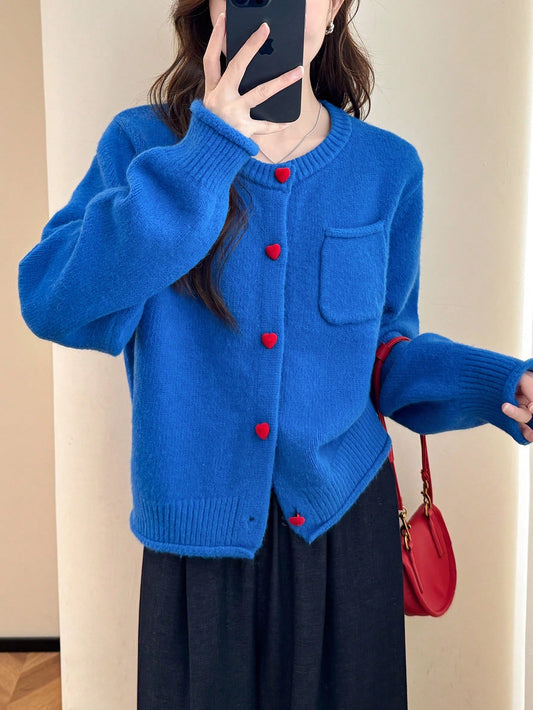 Women's Casual Minimalist Korean Style Contrast Color Button Design Round Neck Sweater Cardigan, Autumn/Winter