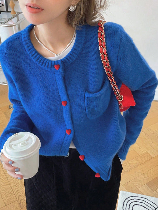 Women's Casual Minimalist Korean Style Contrast Color Button Design Round Neck Sweater Cardigan, Autumn/Winter