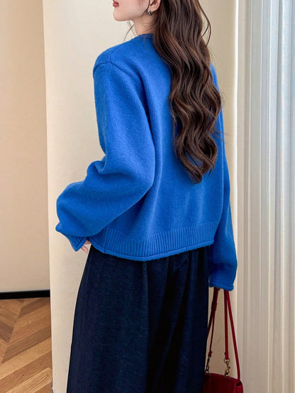 Women's Casual Minimalist Korean Style Contrast Color Button Design Round Neck Sweater Cardigan, Autumn/Winter