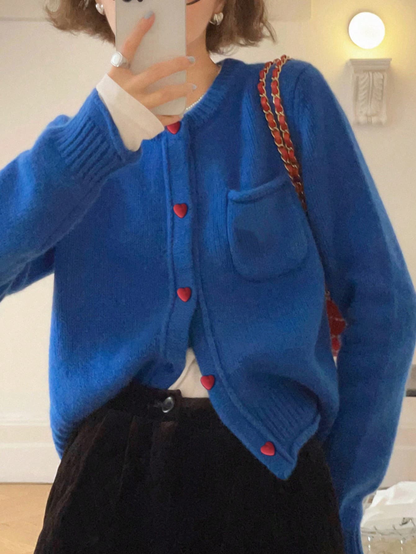 Women's Casual Minimalist Korean Style Contrast Color Button Design Round Neck Sweater Cardigan, Autumn/Winter