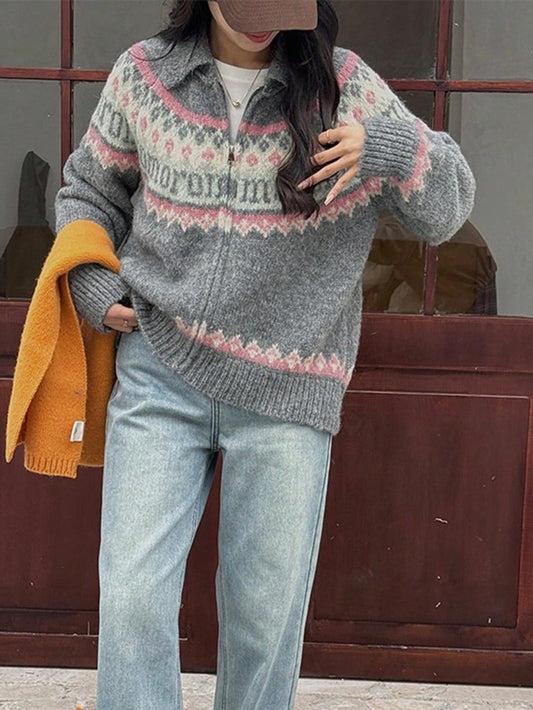 Thick Vintage Collar Jacquard Knit Sweater For Women, Winter New Arrival