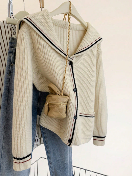 Cream Sailor Collar Knit Cardigan - Fall/Winter With Black & Red Striped Trim & 4 Buttons | Christmas Party & Campus Date