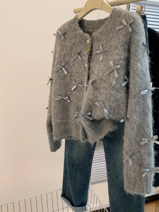Silver-Gray Bow-Embellished Knit Cardigan - Fall/Winter All-Over 3D Bows Decor & Button Closure Cardigan, Christmas Party & Sweet Date