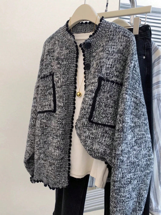 Women's Solid Gray Knitted Long Sleeve Cardigan With Pockets, Soft & Casual Knitwear Top, Suitable For Y2K, Music Festivals, Parties, Back To School, Autumn/Winter