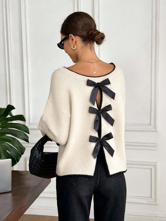 Women's Fashionable Elegant Bow Shoulder Long Sleeve Sweater, Bow Decoration On The Back,Fall Clothes For Women,Going Out Outfit ,Chic  Sweater, Fall Clothes For Women,New Year ,Party,Graduation ,Casual, Prom ,Going Out Tops Winter