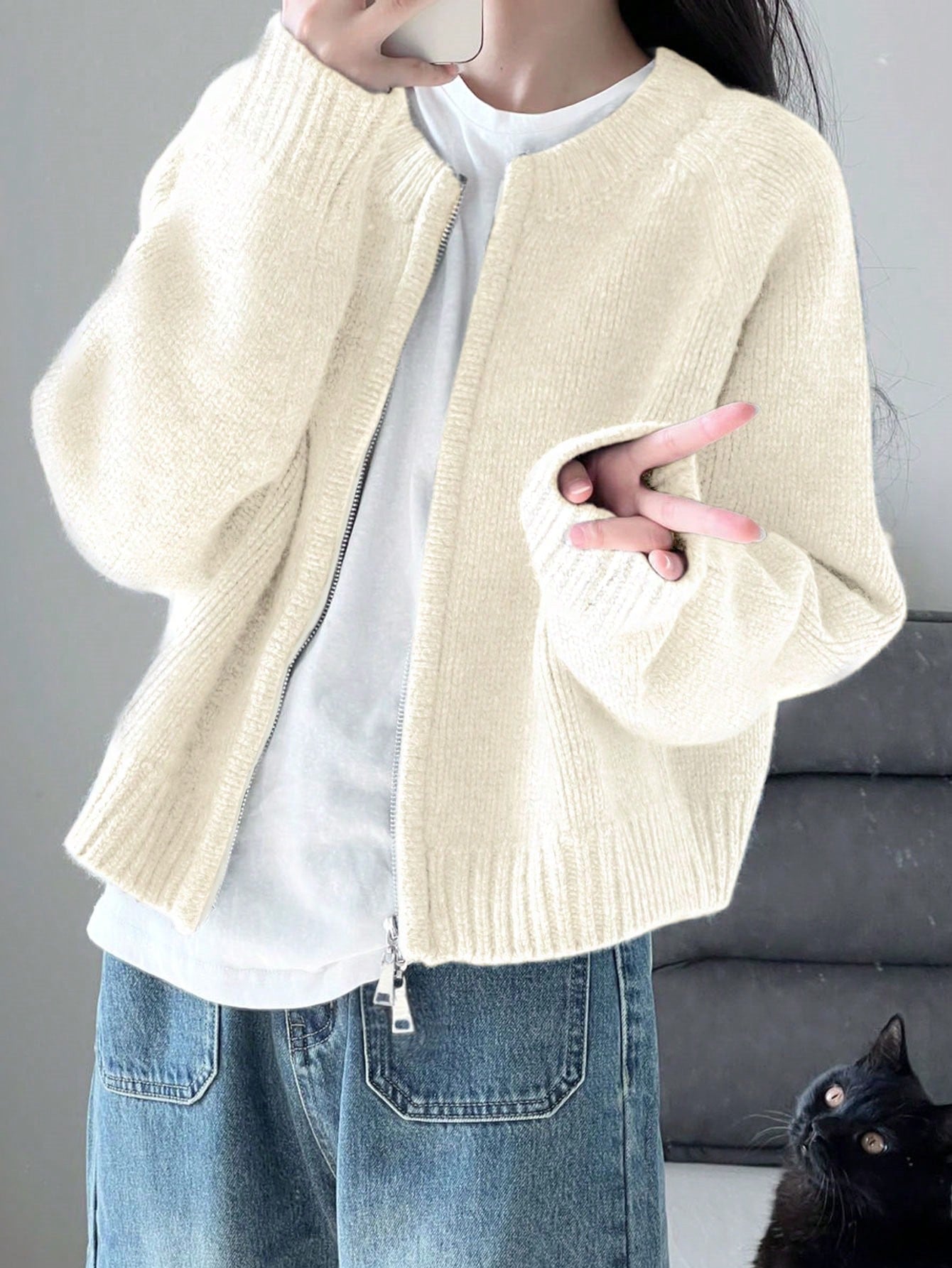 Warm Outerwear Two-Way Zipper Women's Sweater Cardigan Knit Coat, Autumn/Winter,Back To School,Christmas And New Year's Elegant And Casual Long-Sleeved Top