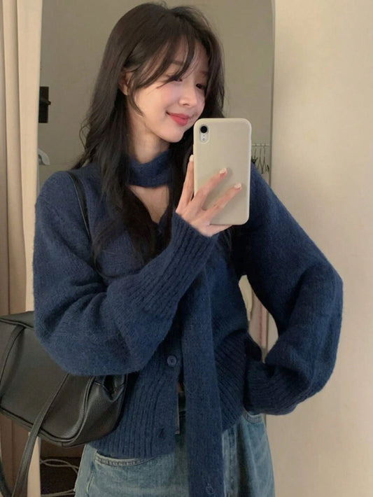 Korean Chic New Arrival Niche Vintage French Style V-Neck Long Sleeve Sweater Cardigan With Scarf