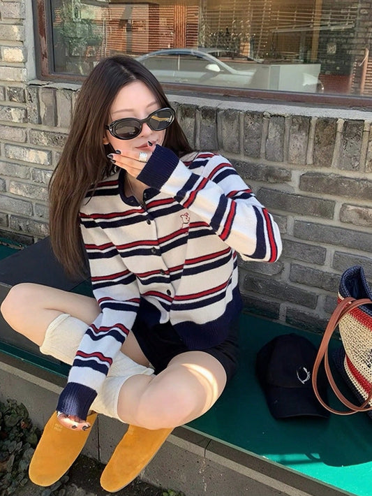 Vintage Contrast Striped Loose Short Cardigan, Slimming Long Sleeve Knit Sweater For Women
