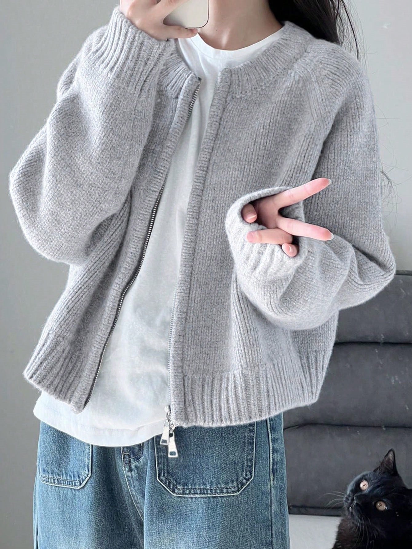 Warm Outerwear Two-Way Zipper Women's Sweater Cardigan Knit Coat, Autumn/Winter,Back To School,Christmas And New Year's Elegant And Casual Long-Sleeved Top