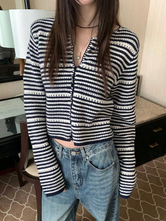 Women's Fall/Winter Korean Style Casual Black And White Striped Spliced Hollow Knit Sweater Cardigan,Fashion Designed,Slouchy Casual Tops,Fall Clothes For Women