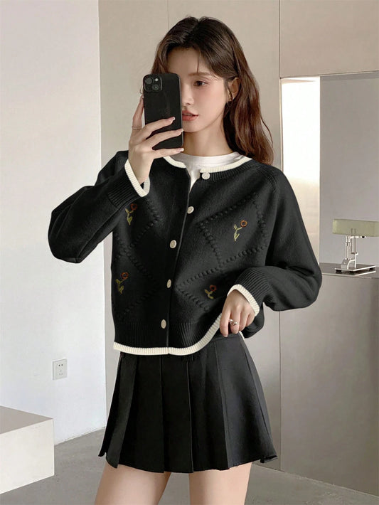 Retro Flowers Embroidered Design Women Sweater Cardigan, Autumn & Winter, For Daily N Commuting, Long Sleeve Tops