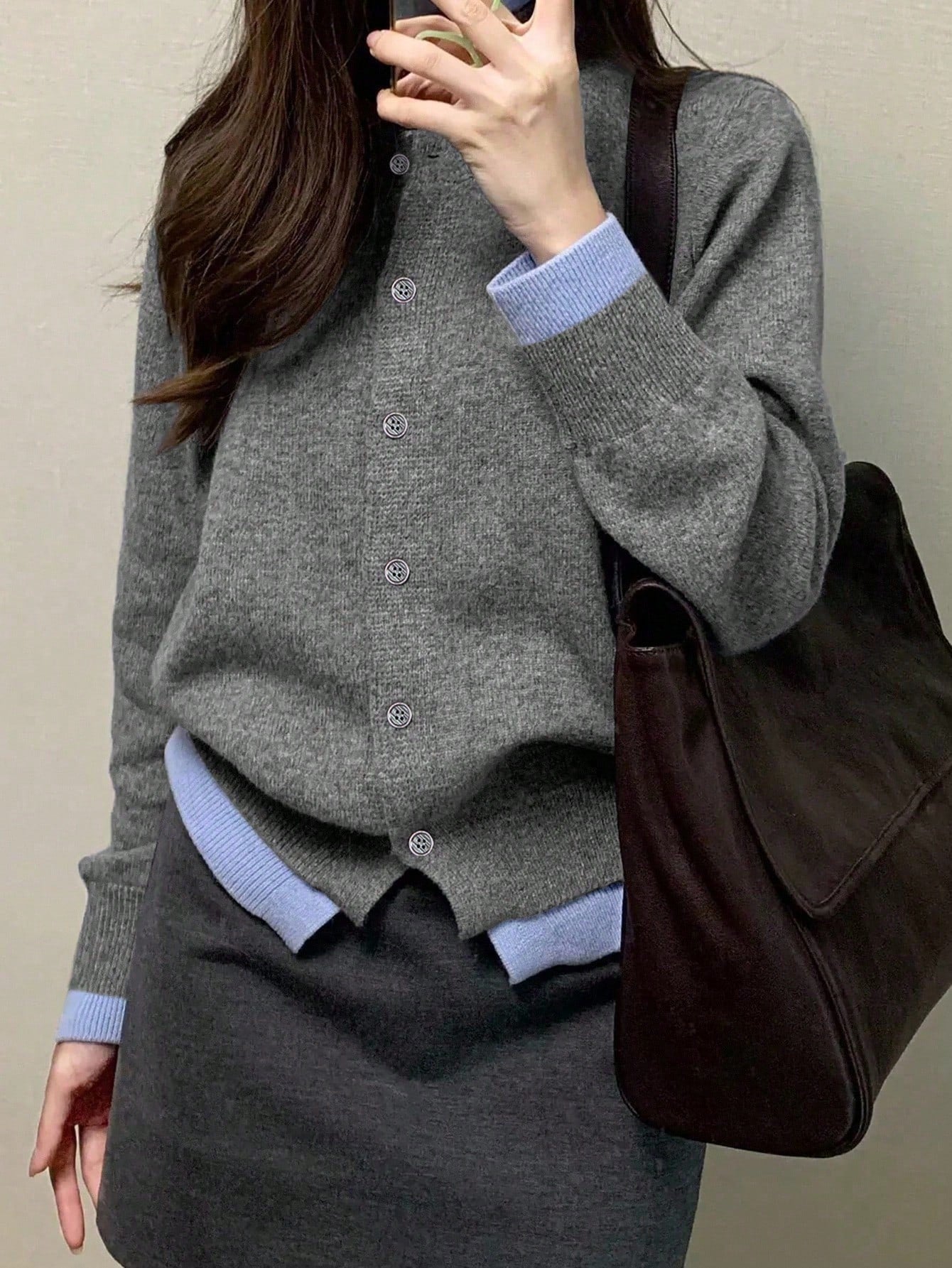 Contrast Color Open Cardigan 2 In 1 Crew Neck Loose Casual Basic Knit Sweater, Long Sleeve Tops Fall Winter Cloth For Women