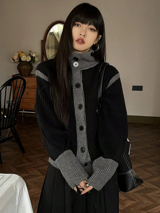 Retro Casual Design Niche Contrast Color Knit Cardigan, Women, Autumn/Winter