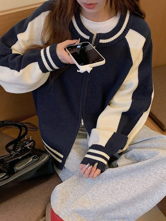 Women's Loose Fit Contrast Color Cardigan, Autumn