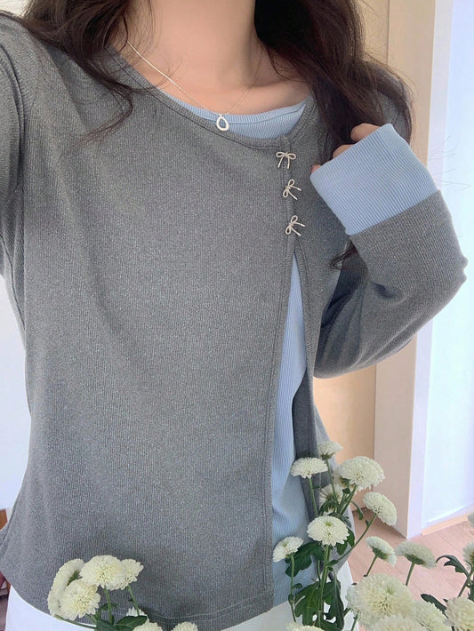 Women's Contrast Color Long Sleeve 2 In 1 Oblique Collar Round Neck Butterfly T-Shirt,Fall Clothes