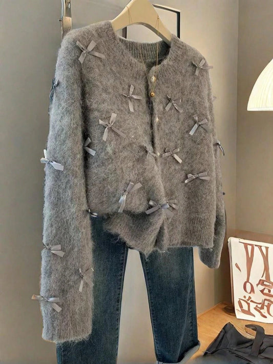Silver-Gray Bow-Embellished Knit Cardigan - Fall/Winter All-Over 3D Bows Decor & Button Closure Cardigan, Christmas Party & Sweet Date