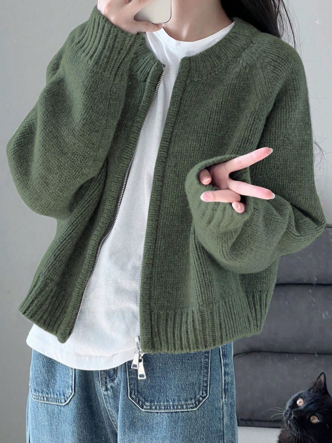 Warm Outerwear Two-Way Zipper Women's Sweater Cardigan Knit Coat, Autumn/Winter,Back To School,Christmas And New Year's Elegant And Casual Long-Sleeved Top