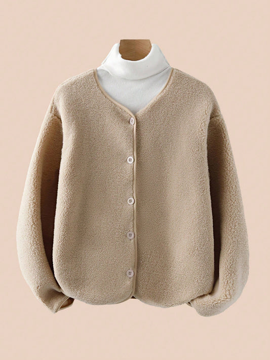 Women's Gentle Apricot Fuzzy V Neck Cardigan Top And Geometric Pattern Pants Two Piece Outfit Set Womens Cardigan Set Co Ords Sets Women Casual Set Lounge Wear Comfy Set