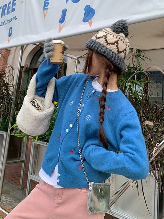 Autumn/Winter New Fashion Sweet Minimalist Collegiate Style Cherry Blossom Embroidery Single-Breasted Round Neck Long Sleeve Women Knitted Cardigan, Suitable For Daily Wear