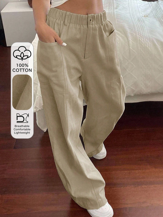 Solid Color Elastic Waist Patchwork Straight Leg Pants Fall