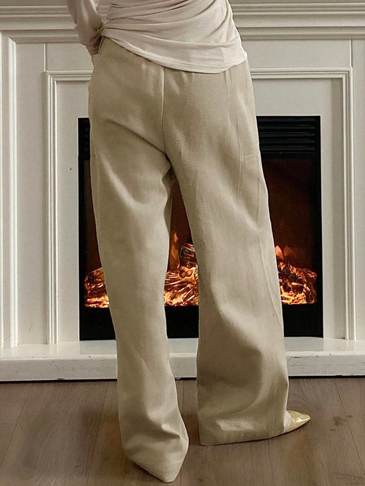 Solid Color Elastic Waist Patchwork Straight Leg Pants Fall