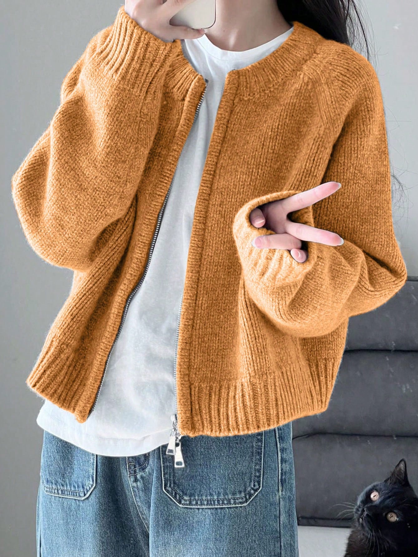 Warm Outerwear Two-Way Zipper Women's Sweater Cardigan Knit Coat, Autumn/Winter,Back To School,Christmas And New Year's Elegant And Casual Long-Sleeved Top