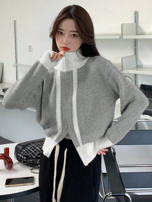 Women's Contrast Color Long Sleeve Zip-Up Cardigan, Autumn/Winter