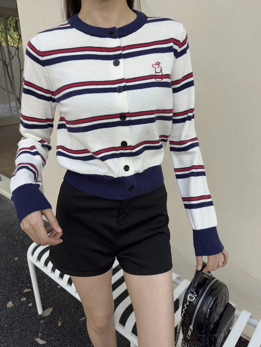 Vintage Contrast Striped Loose Short Cardigan, Slimming Long Sleeve Knit Sweater For Women