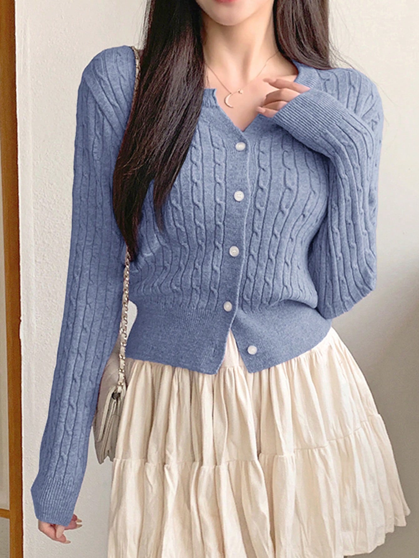 Women Casual Solid Color Twist Knit Fitted Cardigan, Autumn/Winter
