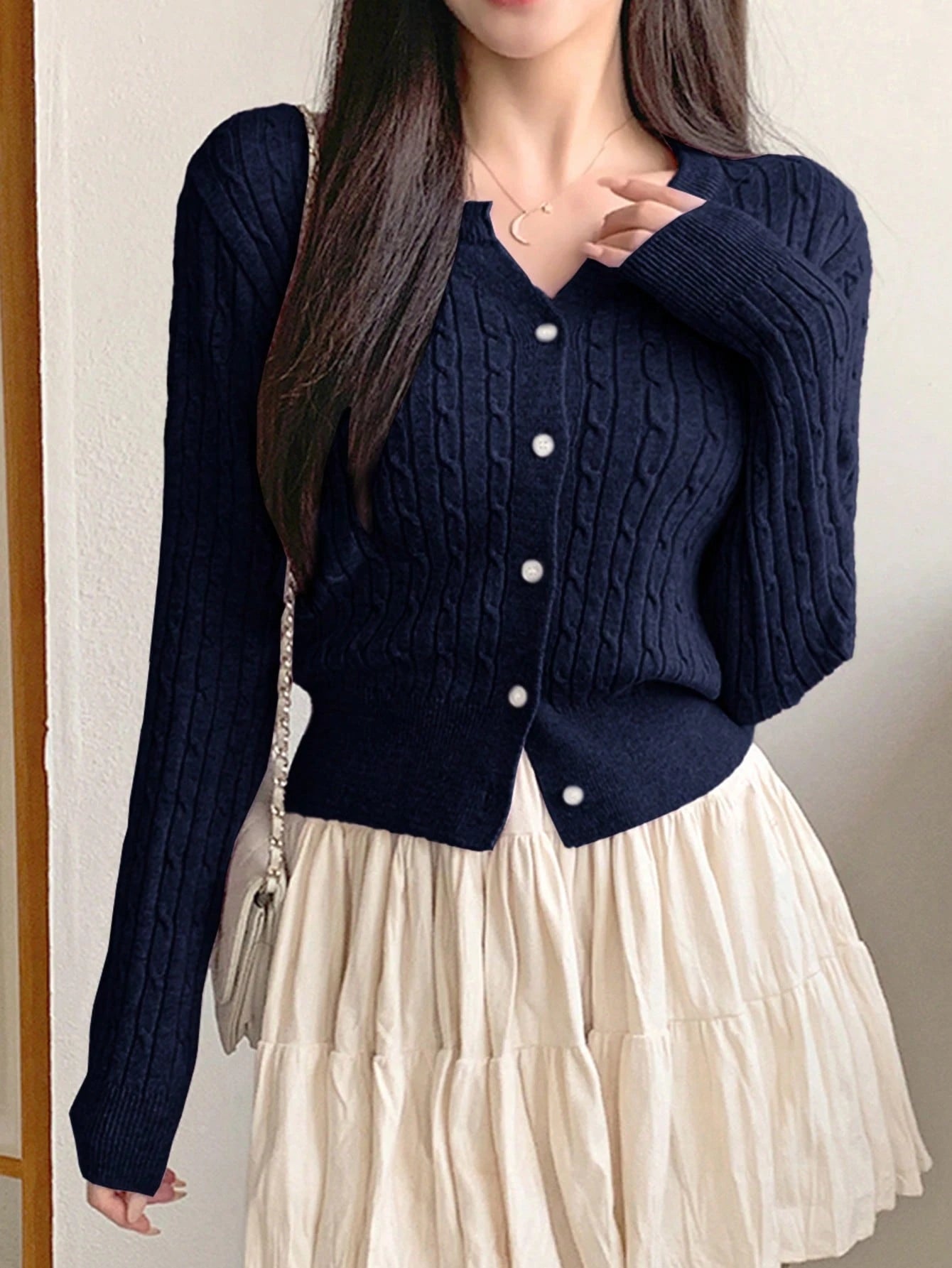 Women Casual Solid Color Twist Knit Fitted Cardigan, Autumn/Winter