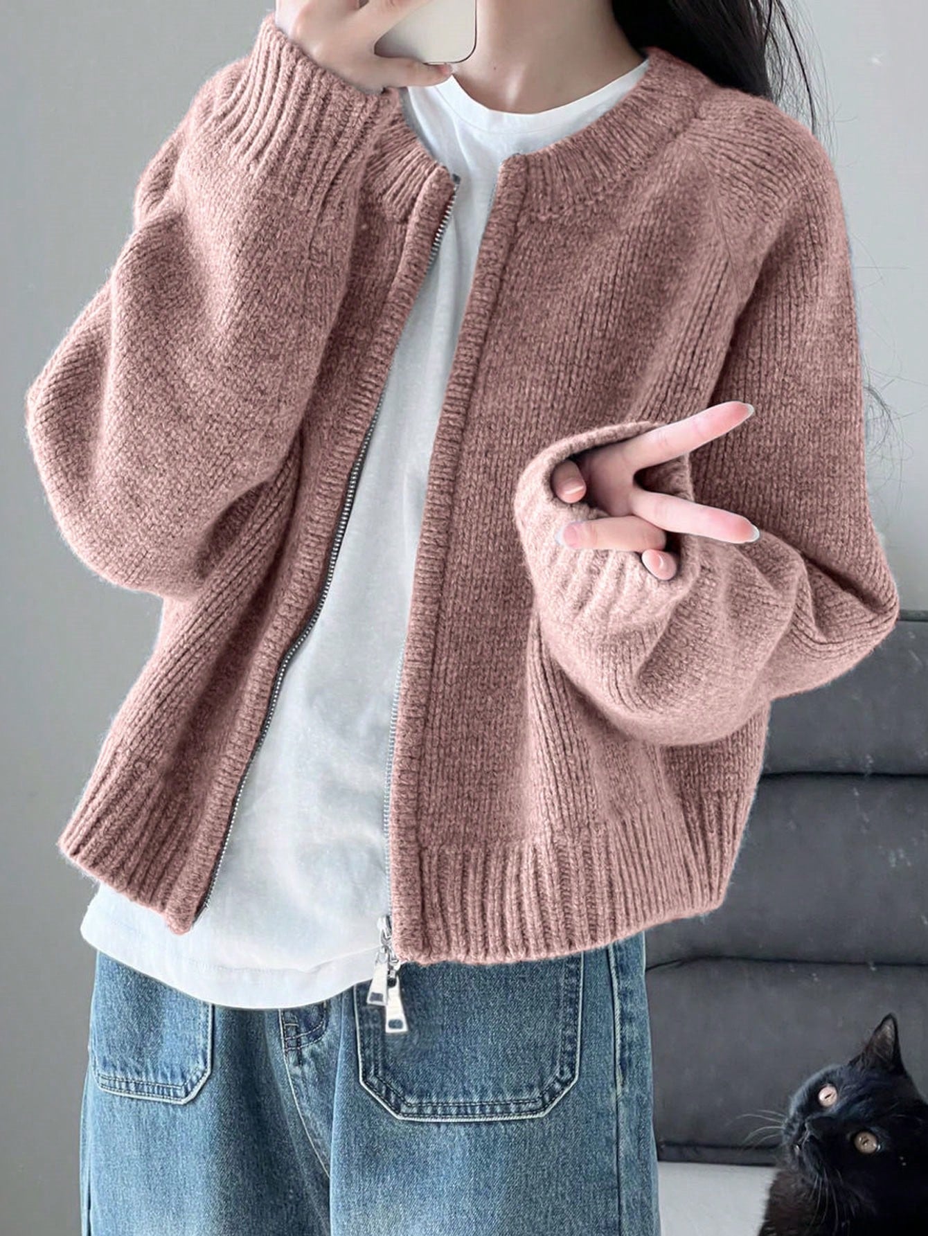 Warm Outerwear Two-Way Zipper Women's Sweater Cardigan Knit Coat, Autumn/Winter,Back To School,Christmas And New Year's Elegant And Casual Long-Sleeved Top