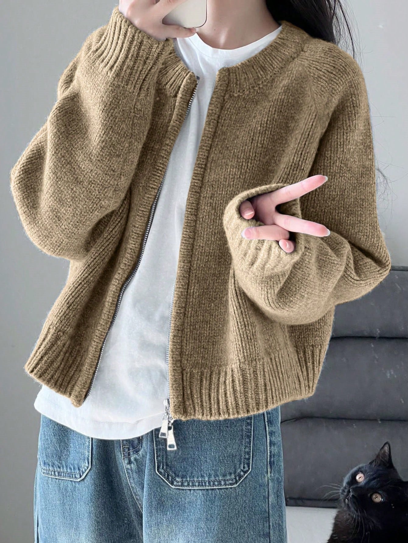 Warm Outerwear Two-Way Zipper Women's Sweater Cardigan Knit Coat, Autumn/Winter,Back To School,Christmas And New Year's Elegant And Casual Long-Sleeved Top