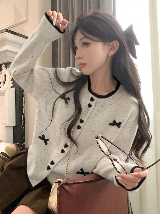 Bow Tie Long Sleeve Sweater Cardigan For Women, Loose Knit Colorblock Cardigan, Sweet Style, Autumn/Winter