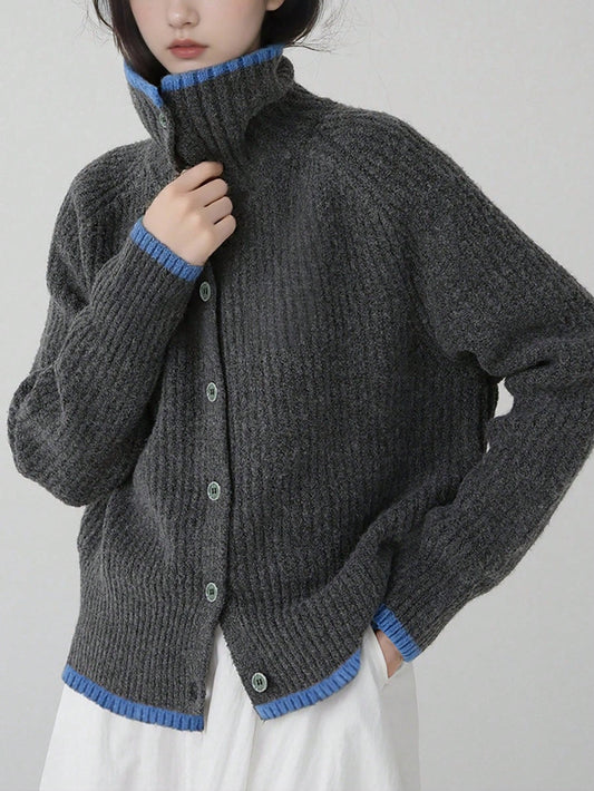 Women's Casual Vintage Style Contrast Color Trim Knitted Cardigan, Autumn/Winter